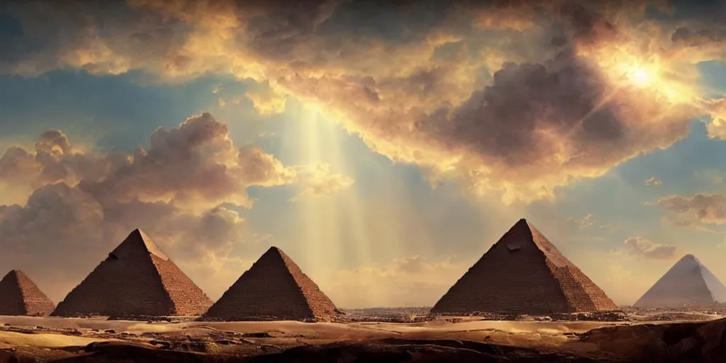 Prompt: beautiful egyptian landscape, pyramid, gorgeous clouds, god rays, digital art, landscape, fantasy art, octane render, ureal engine, high detail, very realistic, by greg rutkowski. by james gurney