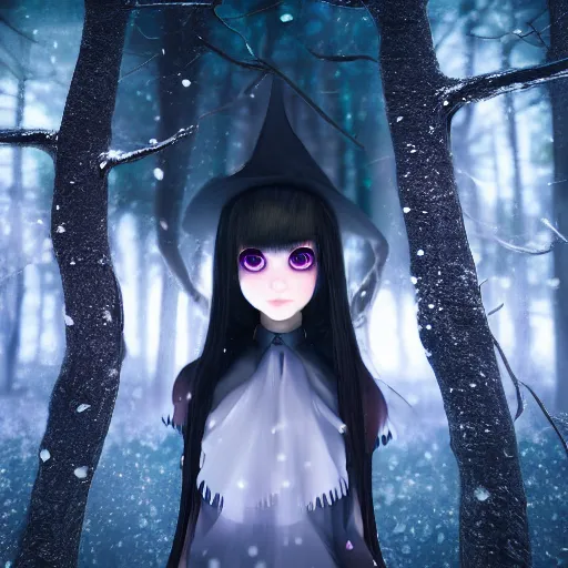 Image similar to focus portrait of beautiful darkness witch 3D anime girl, dark forest background, snowing, bokeh, inspired by Tim Burton, digital painting, unreal engine render, volumetric light, high détail