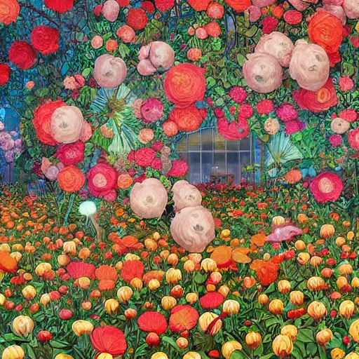 Prompt: hyper detailed illustration - surreal flowers bushes everywhere, long petals, entangled foliage, glowing blossoms, huge blossoms, generative art by James Jean, Masterpiece, Edward Hopper and James Gilleard, Ross Tran, Mark Ryden, Wolfgang Lettl, hints of Yayoi Kasuma, surreal