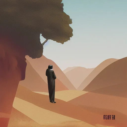 Image similar to arab man standing up in the mountains, album cover design illustration digital art