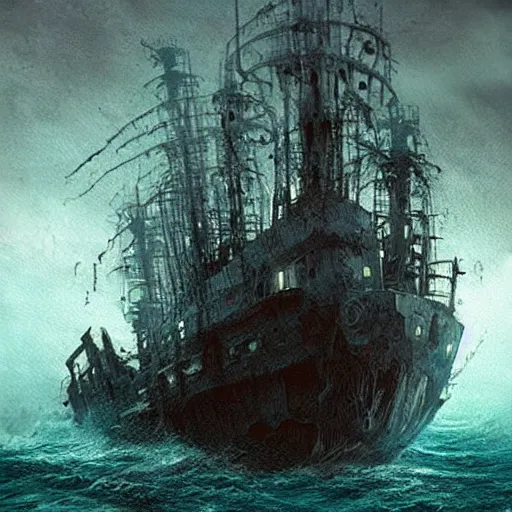 Image similar to an old ship on the bottom of the ocean that sunk long ago. mysterious, intimidating, haunted. horror movie screencap. epic. trending on artstation