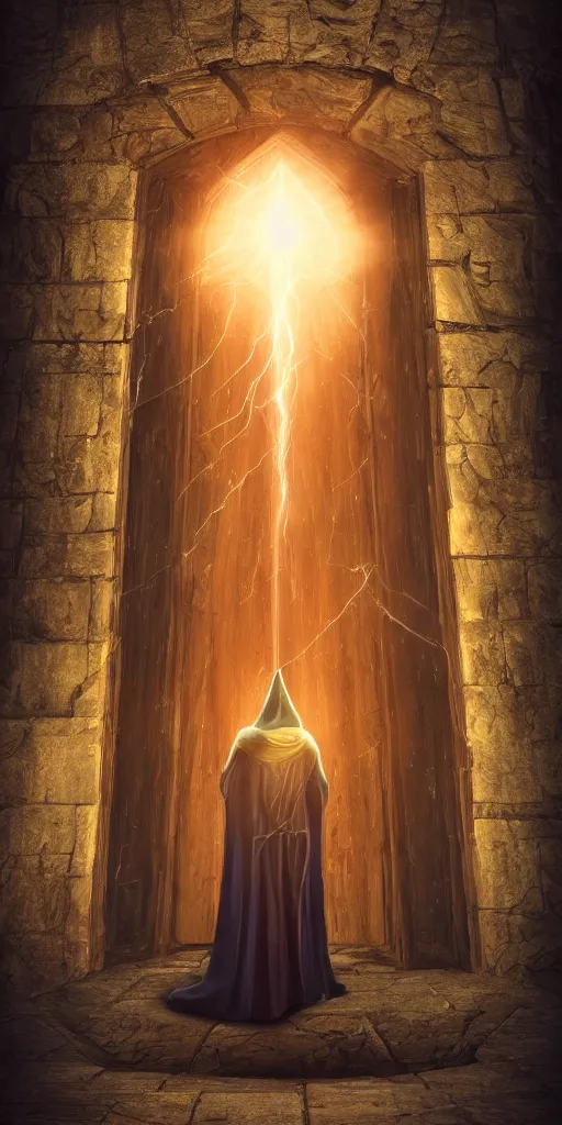 Image similar to a wizard in a cloak standing in front of a portal to wisdom, tall door, high ceiling, magic light, light beam, cinematic atmosphere, high definition, ultra detailed