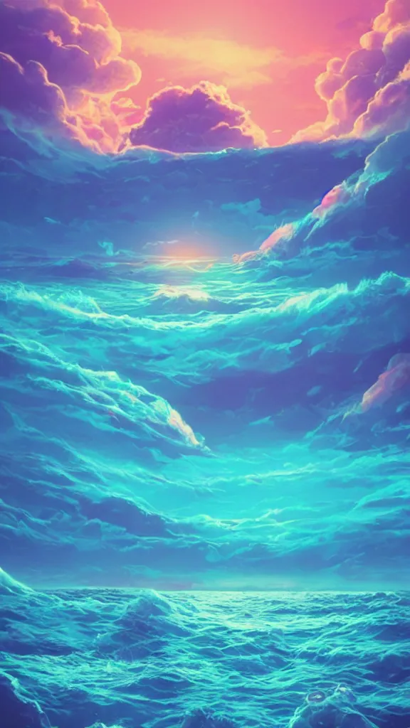 Image similar to beautiful beach horizon view of the ocean on an alien planet, vaporwave ocean, planet in space over the horizon, trending on artstation, digital art by beeple