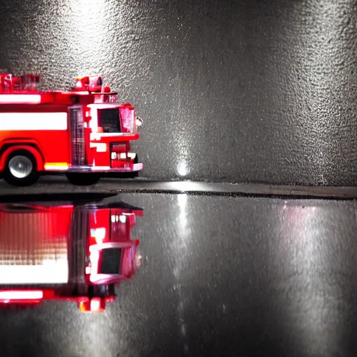 Prompt: A firetruck at night, city streets, back view, off angle, rule of thirds, dark shading, flashing lights, wet reflective concrete, city, photograph, award winning, deviantart