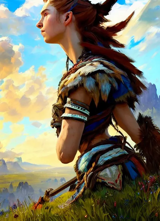 Prompt: portrait of a eastern european Aloy from Horizon Zero Dawn in the style of League of Legends practicing, countryside, calm, fantasy character portrait, dynamic pose, above view, sunny day, clouds in the sky, artwork by Jeremy Lipkin and Giuseppe Dangelico Pino and Michael Garmash and Rob Rey and Huang Guangjian, very coherent asymmetrical artwork, sharp edges, perfect face, simple form, face by Fernanda Suarez and Greg Manchess, 100mm