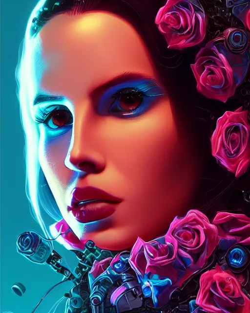 Image similar to portrait of lana del rey as a cyberpunk cyborg. roses sci - fi intricate abstract upper body intricate artwork, roses, rose petals, by tooth wu, wlop, beeple, dan mumford. concept art, octane render, deviantart, greg rutkowski, cinematic arthouse, key art, hyper realism, iridescent accents