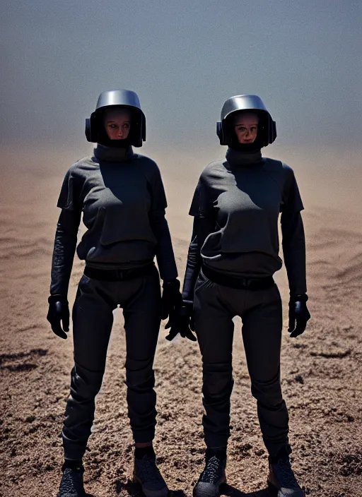 Image similar to cinestill 5 0 d photographic portrait of two loving clones, techwear women on a desolate plain, a brutalist dark metal facility in the background, sandstorm, depth of field, 4 k, 8 k, hd, full color