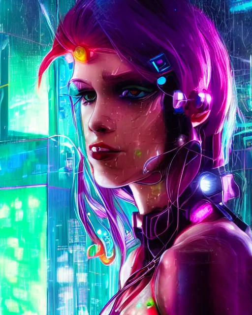 Prompt: a cyberpunk close up portrait of enchanting cyborg poison ivy, electricity, rainbow, sparks, bokeh, soft focus, sparkling, glisten, water drops, cold, dark, geometric, temples behind her, by paul lehr, jesper ejsing