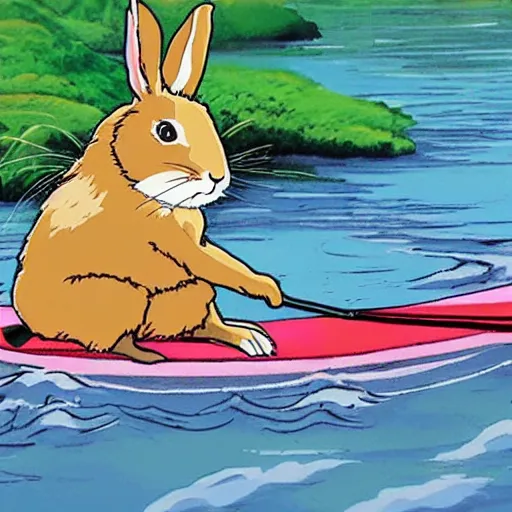 Prompt: a rabbit paddling a kayak in the style of studio ghibli