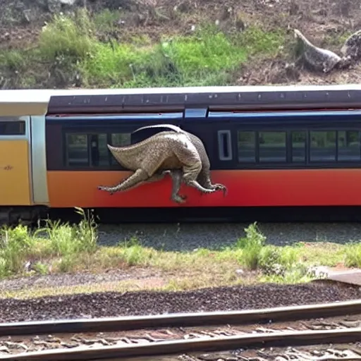 Prompt: a t - rex stucks in a train