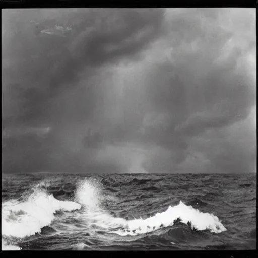 Prompt: giant anomalous creature in the middle of a violent stormy ocean, 1900s photograph