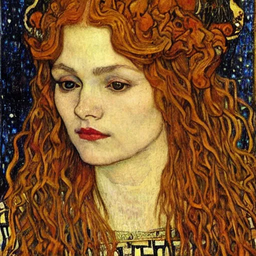Image similar to detailed realistic beautiful young medieval queen face portrait by jean delville, gustav klimt and vincent van gogh, art nouveau, symbolist, visionary, gothic, pre - raphaelite