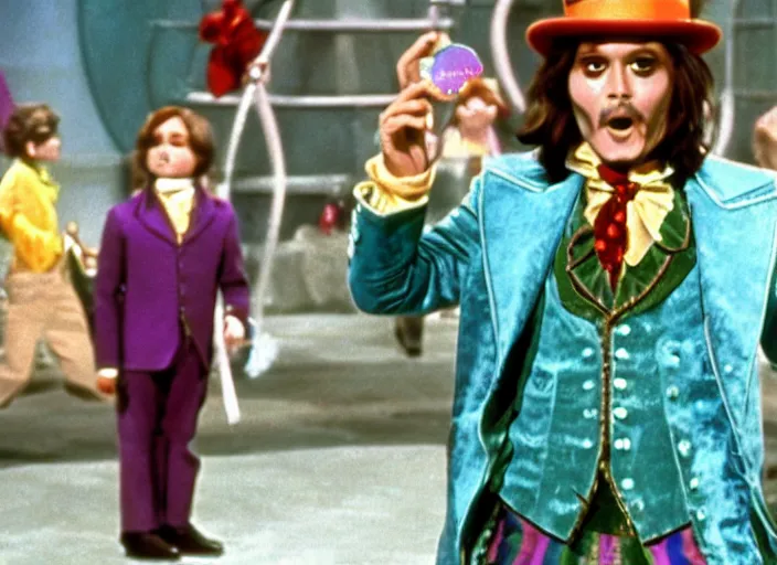 Image similar to film still of Johnny Depp as Willy Wonka in Willy Wonka and the Chocolate Factory 1971