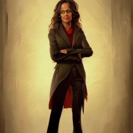 Image similar to portrait of maci holloway, first woman elected as president in usa, cold but beautiful, about 3 5 years old, highly detailed, mix of halle berry and julia roberts, artstation hd, deviantart, by artgem, greg rutkowski