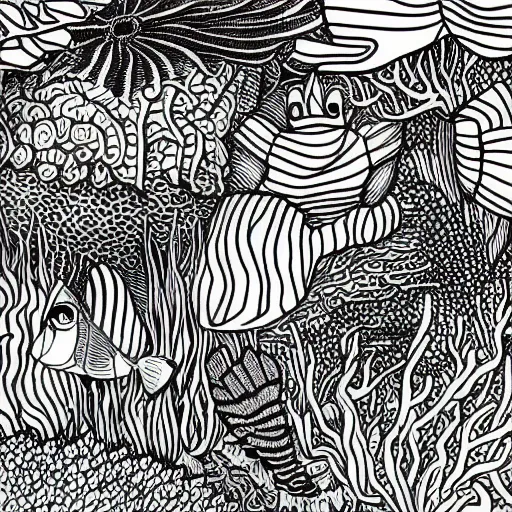 Prompt: a grayscale adult coloring page of sea life under the ocean