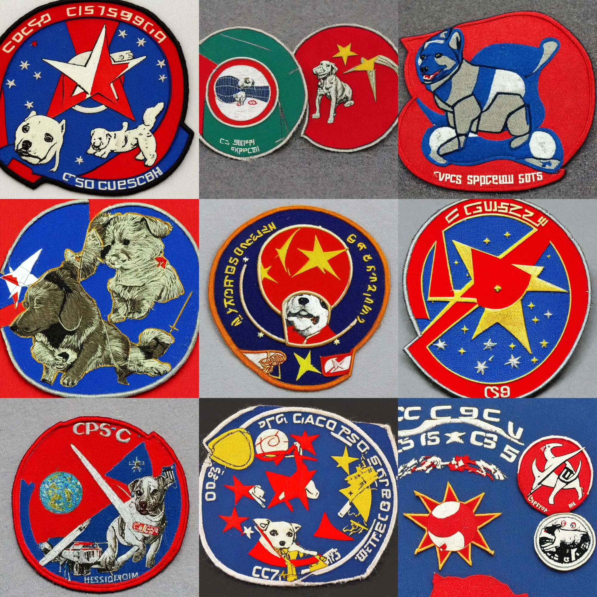 Prompt: CCCP, 60s soviet space mission patch, in dogs we trust