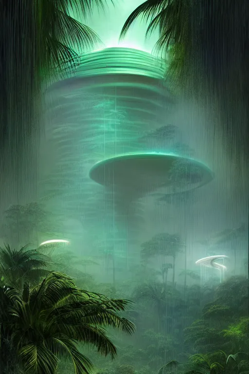 Image similar to a stormy tropical forest with green lightning bugs flying around a ancient futuristic temple designed by zaha hadid, tone mapped, shiny, intricate, cinematic lighting, highly detailed, digital painting, artstation, concept art, smooth, sharp focus, illustration, art by arthur haas and bruce pennington and john schoenherr