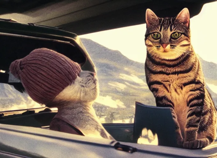 Image similar to A very high resolution image from a new movie, a cat driving a car around, inside of a car , mountains, Polaroid, directed by wes anderson