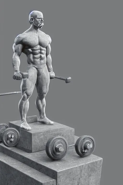 Prompt: the statue in marble of a crossfitter with a mustache holding a dumbell, mattepainting, global illumination, concept Blizzard pixar maya engine on stylized background