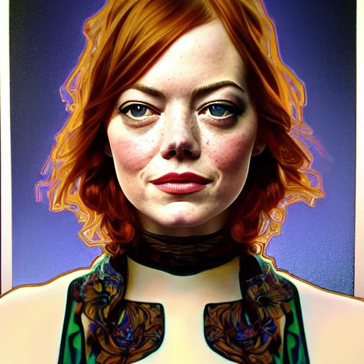 Image similar to oil portrait of emma stone, intricate, elegant, highly detailed, lighting, painting, artstation, smooth, illustration, art by greg rutowski and alphonse mucha