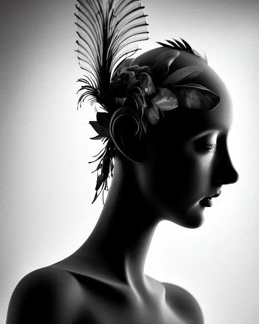 Image similar to surreal mythical dreamy dark artistic black and white fine art 3 / 4 portrait photo of a young delicate female robot - vegetal - human with long pale feathers, rim light, cinematic, studio dramatic light, poetic, octane render, 8 k, photo - realistic