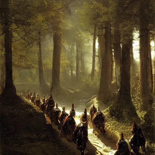 Image similar to a small group of medieval european knights are riding in a column through a dark wood along a small stream, highly detailed, digital painting, sharp focus, by alber bierstadt greg rutkowski