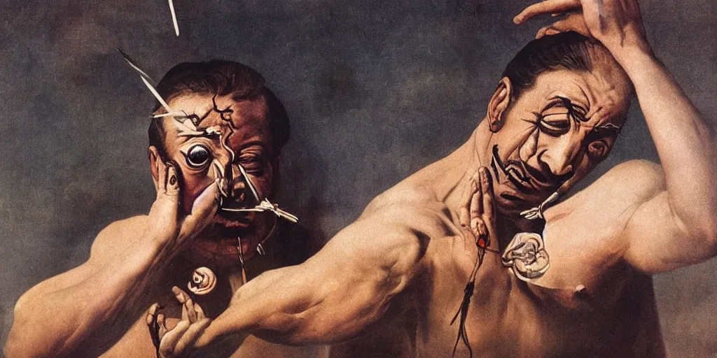 Image similar to a man removing a nail from his third eye by dali