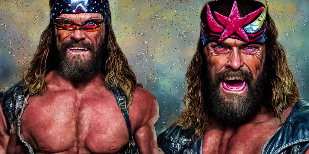 Prompt: hyperrealistic mixed media portrait of macho man randy savage, forward angle, stunning 3d render inspired art by P. Craig Russell and Barry Windsor-Smith + perfect facial symmetry + dim volumetric lighting, 8k octane beautifully detailed render, post-processing, extremely hyperdetailed, intricate complexity, epic composition, grim yet sparkling atmosphere, cinematic lighting + masterpiece, trending on artstation