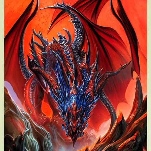 Image similar to the return of nicol bolas the dragon god, in the style of magic the gathering, red and black and blue color scheme, d & d, fantasy, art by raymond swanland and svetlin velinov, cosmic, terrifying, cosmic horror, intricate detail, cinematic, 8 k, cel shaded, unreal engine, featured on artstation, pixiv