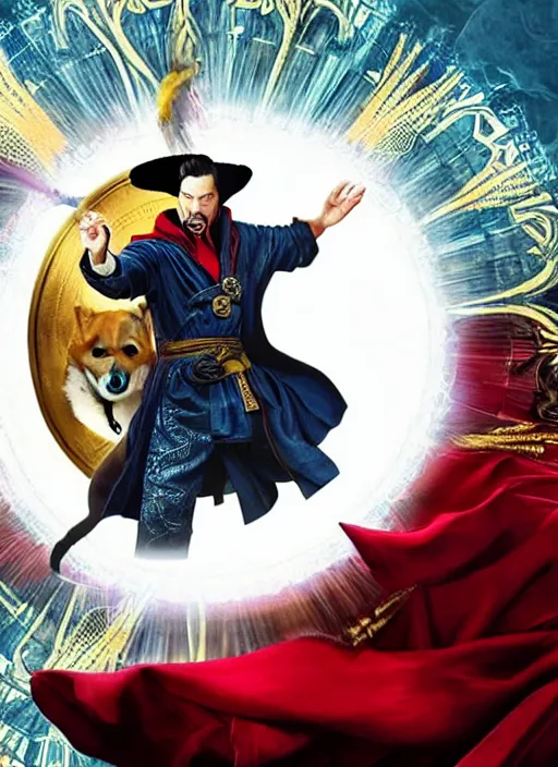 Prompt: dr. strange casting a shield spell in the metaverse with a shiba inu samurai at his feet, hyper realistic, highly detailed, perfect face, smooth, focus