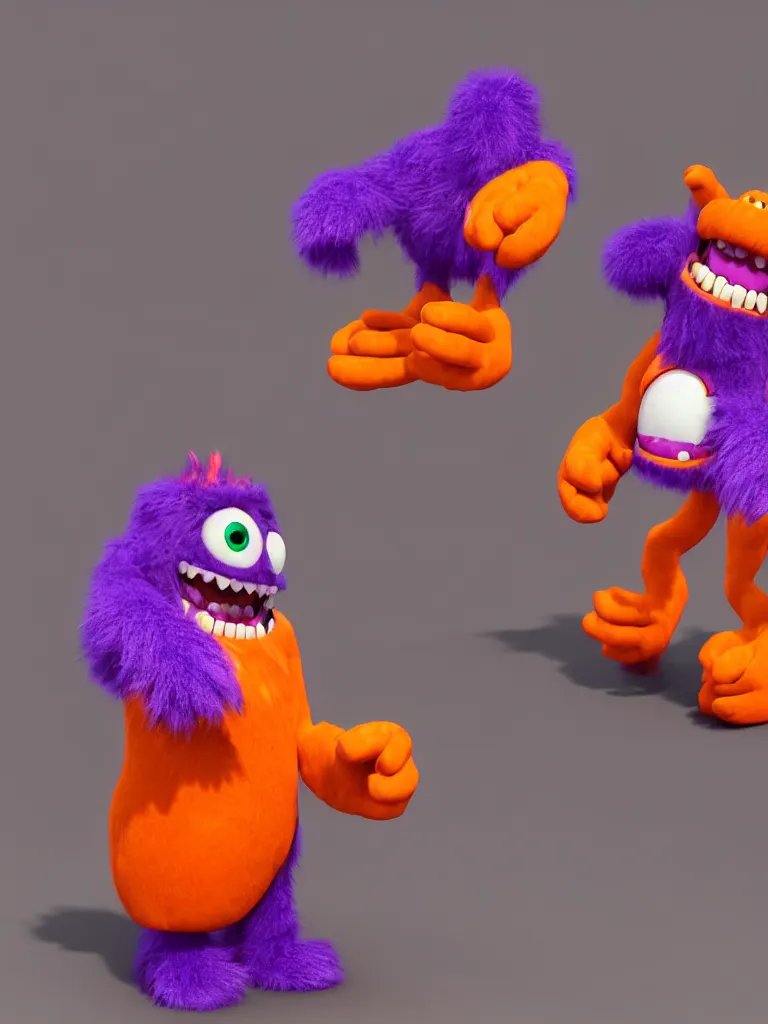 Image similar to smiling colorful furry purple monster toy with orange gloved hands on its arms and orange boots on its feet and two big round eyes walking down a city street at dusk, 3D model unreal engine highly detailed rendered in pixar renderman