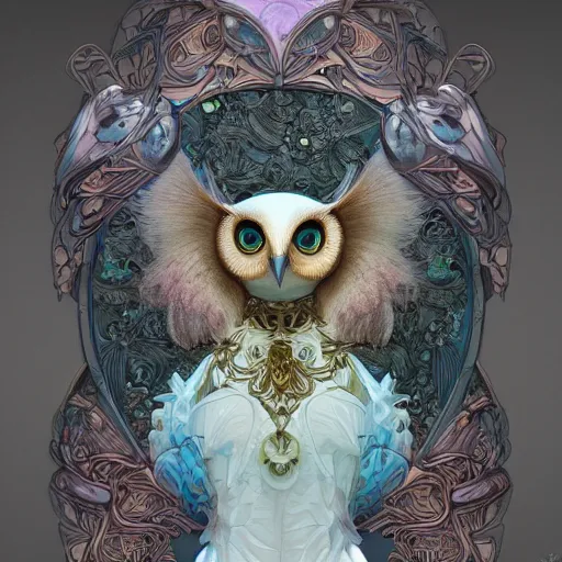 Image similar to cute owl, organic, epic, baroque art nouveau, manga, james jean, mucha, yoshitaka amano, photorealistic rendering, 3 ds max + v - ray, extremely detailed and complex, center composition, elegant, vfx, unreal engine 5, octane rendering, very contrasting, very sharp lines