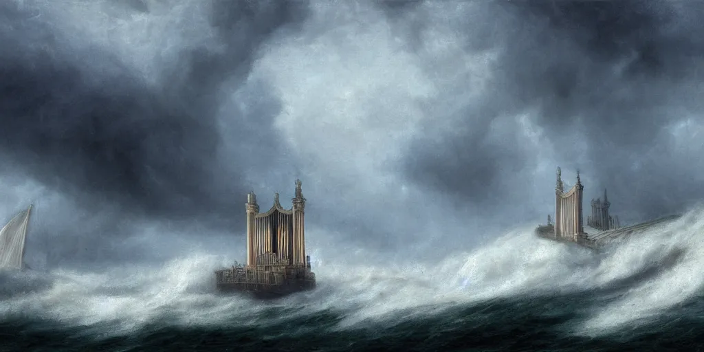 Image similar to A highly detailed matte painting of a huge pipe organ in a stormy sea in a storm, fog, rain, volumetric lighting, imax render, 8K resolution, trending on artstation, style of alan lee and john howe