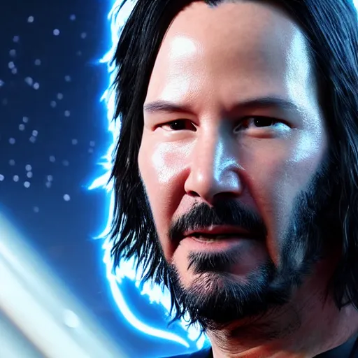 Prompt: keanu reeves in space eat ramen, full hd, octane render, unreal engine 5, ultra realistic