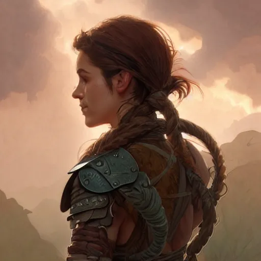 Prompt: back portrait of a rugged female ranger, full body, hairy torso, D&D, fantasy, intricate, elegant, highly detailed, digital painting, artstation, concept art, matte, sharp focus, illustration, art by Artgerm and Greg Rutkowski and Alphonse Mucha