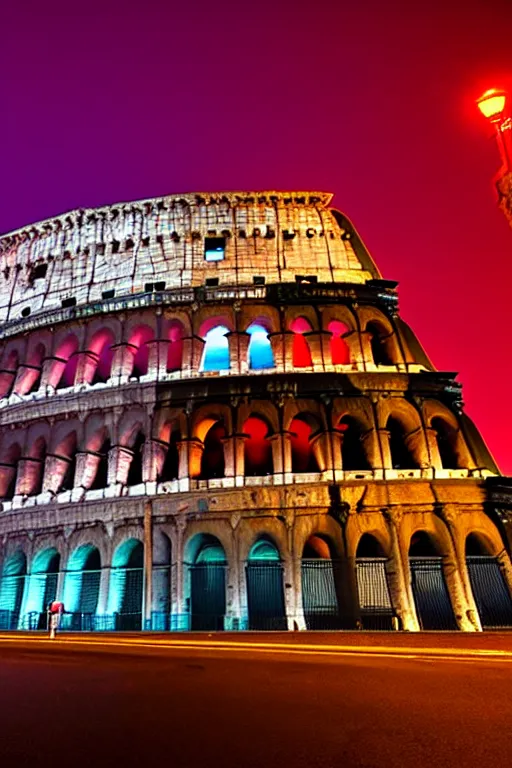 Prompt: neon streets of rome with colosseum in background, 4 k, award winning photo, cyberpunk style