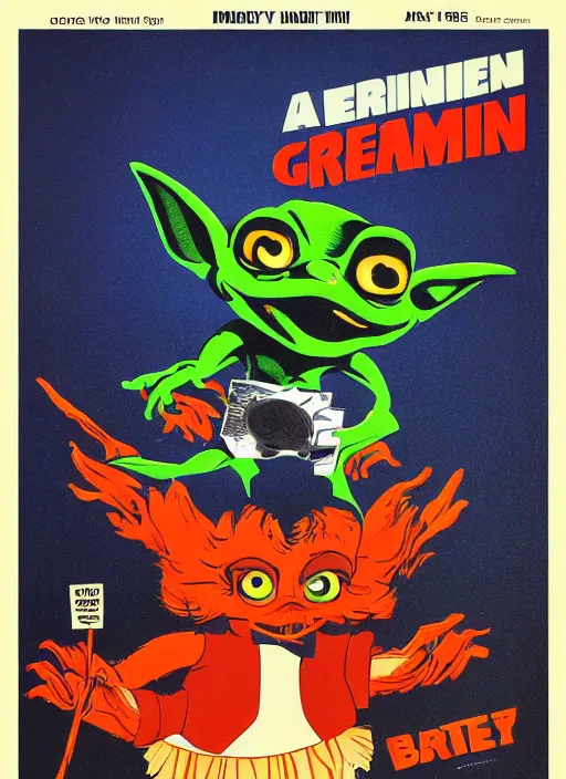 Image similar to a book with a picture of a gremlin ( 1 9 8 4 ) on it, poster art by harvey kurtzman, behance contest winner, pop surrealism, concert poster, poster art, movie poster