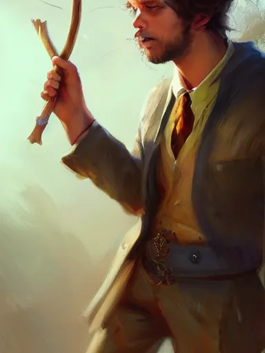 Image similar to a handsome young man, holding a adorned cane. walking in a rural area. intricate, elegant, highly detailed, digital painting, artstation, concept art, sharp focus, illustration, by justin gerard and artgerm, 8 k