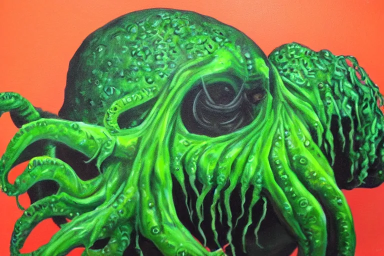 Image similar to cthulhu made of limes, painted in oil paint