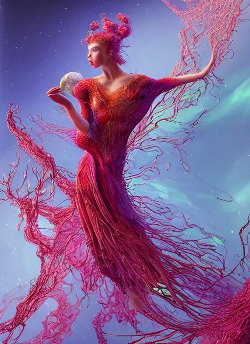 Prompt: hyper detailed 3d render like a Oil painting - very coherent Aurora profile (a beautiful fae princess protective playful expressive acrobatic from dark crystal that looks like Anya Taylor-Joy) seen red carpet photoshoot in UVIVF posing in scaly dress to Eat of the Strangling network of yellowcake aerochrome and milky Fruit and His delicate Hands hold of gossamer polyp blossoms bring iridescent fungal flowers whose spores black the foolish stars by Jacek Yerka, Ilya Kuvshinov, Mariusz Lewandowski, Houdini algorithmic generative render, golen ratio, Abstract brush strokes, Masterpiece, Victor Nizovtsev and James Gilleard, Zdzislaw Beksinski, Mark Ryden, Wolfgang Lettl, hints of Yayoi Kasuma and Dr. Seuss, Grant Wood, octane render, 8k