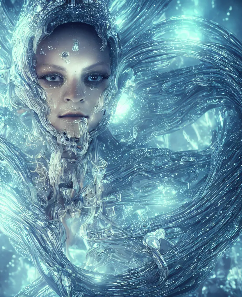 Image similar to close-up macro portrait of the face of a beautiful princess, epic angle and pose, symmetrical artwork, 3d with depth of field, blurred background, cybernetic jellyfish female face skull phoenix bird, translucent, nautilus, energy flows of water and fire. a highly detailed epic cinematic concept art CG render. made in Maya, Blender and Photoshop, octane render, excellent composition, cinematic dystopian brutalist atmosphere, dynamic dramatic cinematic lighting, aesthetic, very inspirational, arthouse. y Greg Rutkowski, Ilya Kuvshinov, WLOP, Stanley Artgerm Lau, Ruan Jia and Fenghua Zhong