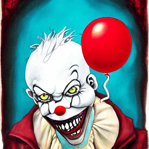 Image similar to grunge cartoon painting of kanye with a wide smile and a red balloon by chris leib, loony toons style, pennywise style, corpse bride style, horror theme, detailed, elegant, intricate