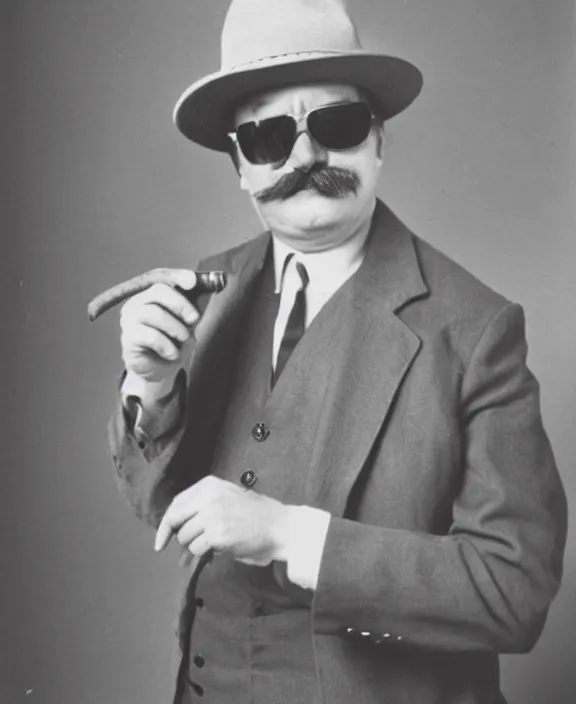 Prompt: a vintage photo medium shot of a middle - aged man with a moustache wearing a fedora hat and sunglasses. he is holding one single cigar in his right hand. very coherent.