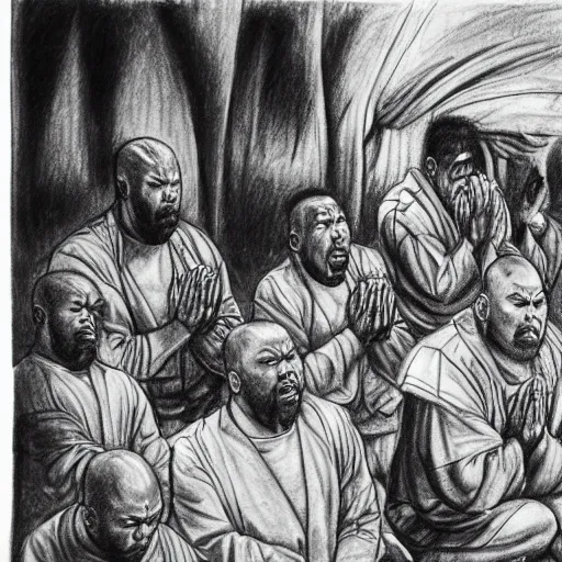 Prompt: pencil sketch of raekwon of wutang clan praying in front of a shaolin temple art by kim jung gi