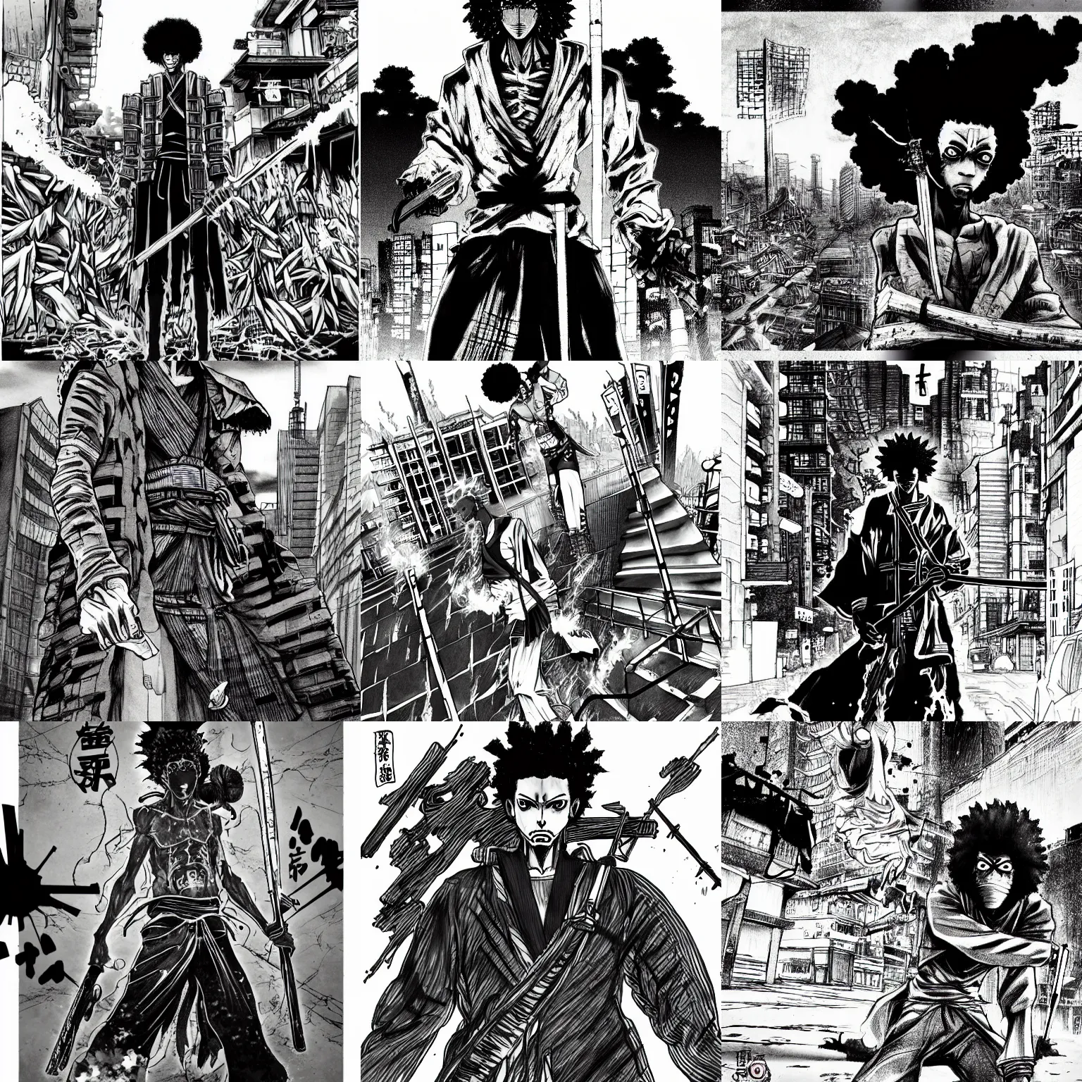 Prompt: afro samurai manga style, pencil and ink, in a post apocalyptic city