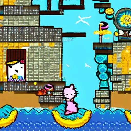 Prompt: 2d side scrolling game set in an underwater dystopia in the style of sanrios hello kitty franchise with fish and sea shells and radioactive waste littered about