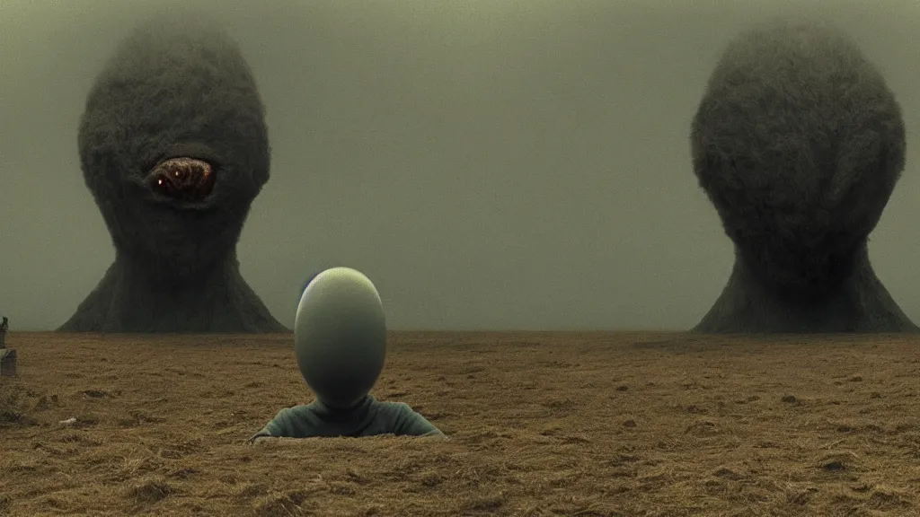 Image similar to a television sits directly in front of the viewer, a strange creature peaks out from behind, film still from the movie directed by Denis Villeneuve with art direction by Zdzisław Beksiński, wide lens