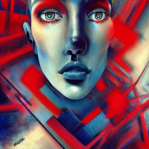 Prompt: the anxious. digital painting, vertical, intricate, beautiful, detailed, grunge, sharp focus, abstract art by kuvshino and el lissitzky and artgerm and kandinsky, trending on artstation. blue, dark red and dark purple color scheme, gradient darker to bottom