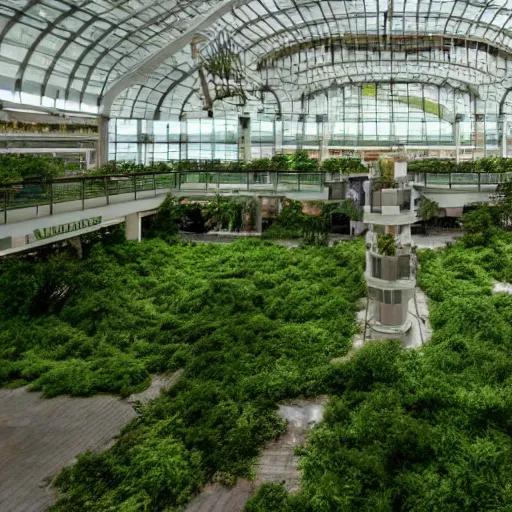 Image similar to an abandoned vaporware mall with growing vegetations