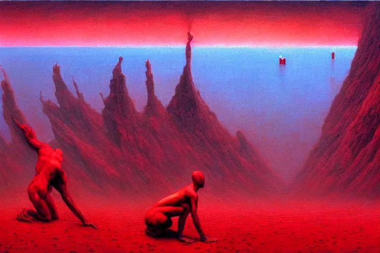 Image similar to only with red, red god of death eat apple, a futuristic city on mars in the background, red worms on the floor, in the style of beksinski, part by hopper, part by rodcenko, part by hofbauer, intricate composition, red by caravaggio, insanely quality, highly detailed, masterpiece, red light, artstation, 8 k